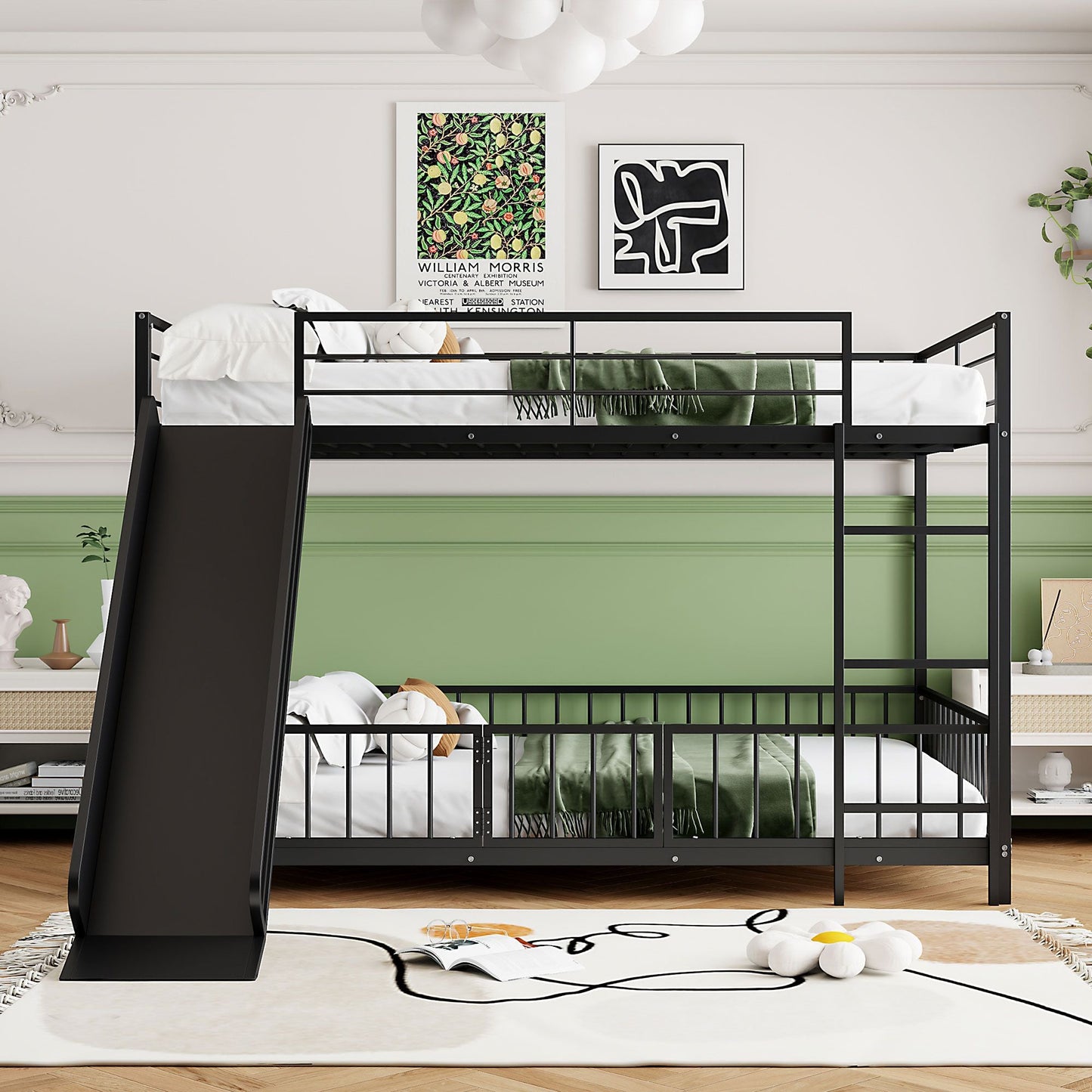 Full over Full Size Metal Bunk Bed with Slide and Guardrails,  Black