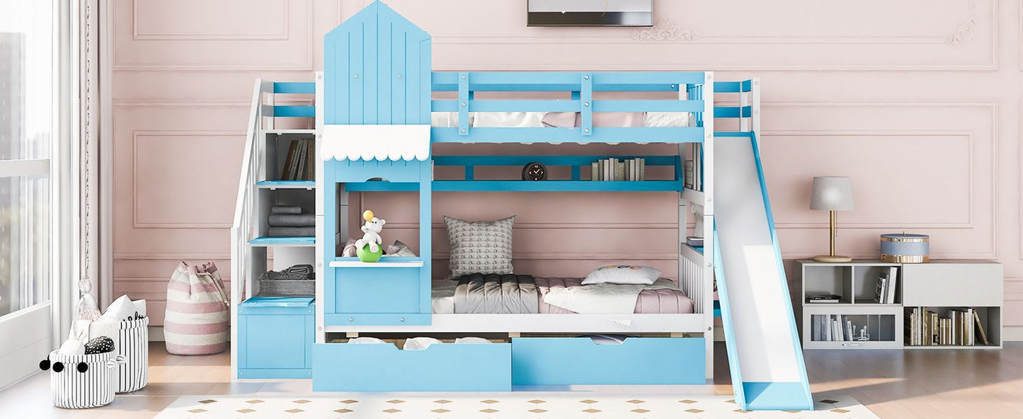 House-Style Twin Over Twin Wood Castle Bunk Bed with Drawers, Shelves, and Slide, Blue | Just Better Bunk Beds