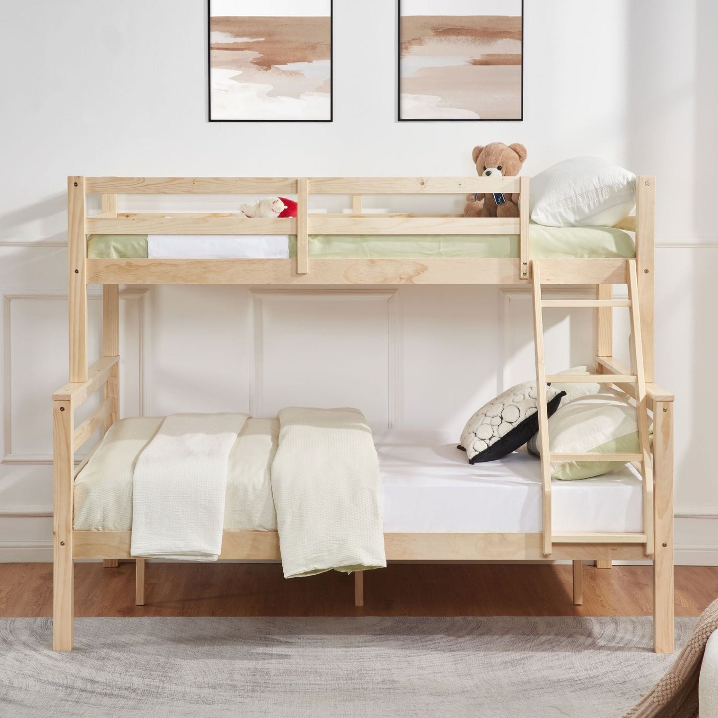 Durable Twin Over Full Wood Bunk Bed with Thick Posts, High Guardrail, Ladder, Natural | Just Better Bunk Beds