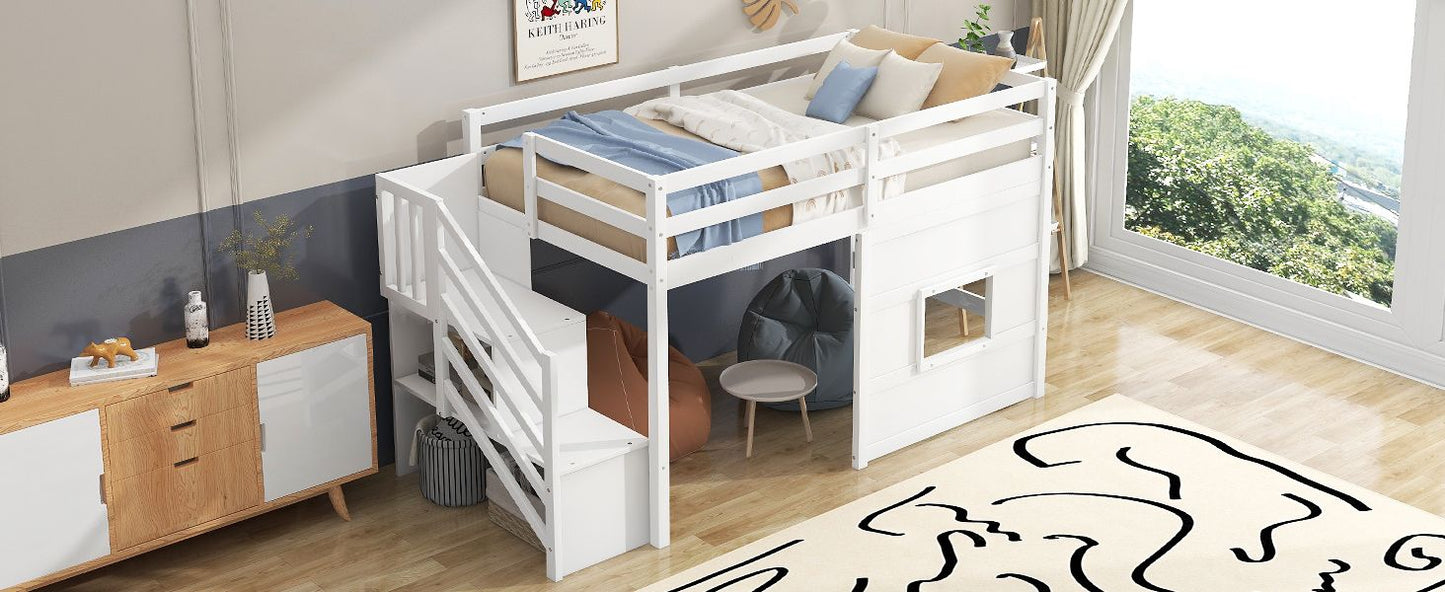 Space-Saving Twin Loft Wood Bed with Storage Staircase and Window, White | Just Better Bunk Beds
