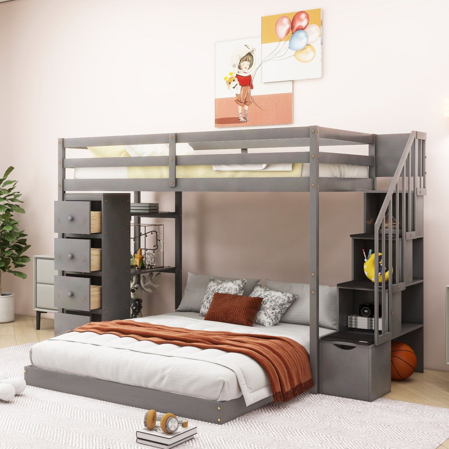 Staircase Storage Twin Over Full Wood Bunk Bed with Shelves and Drawers, Gray | Just Better Bunk Beds