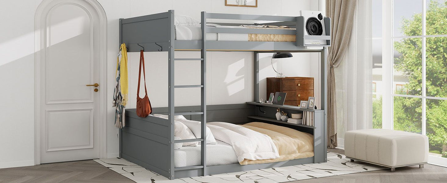 Kids Bedroom Queen Wood Bunk Bed with Built-in Shelves, Storage Box, LED Light, USB Charging, Gray | Just Better Bunk Beds