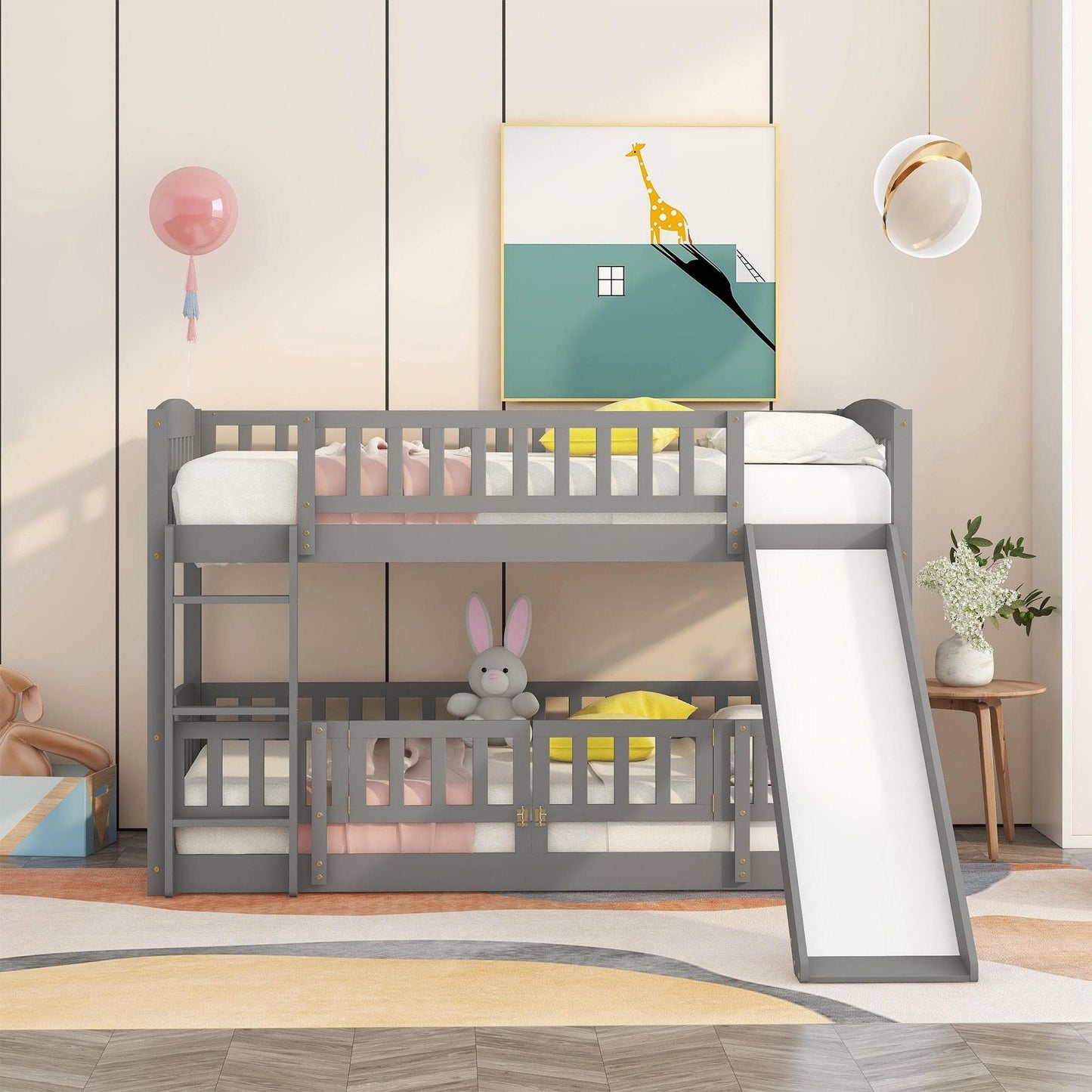 Safe Twin Over Twin Wood Low Bunk Bed with Slide, White with Fence and Ladder | Just Better Bunk Beds