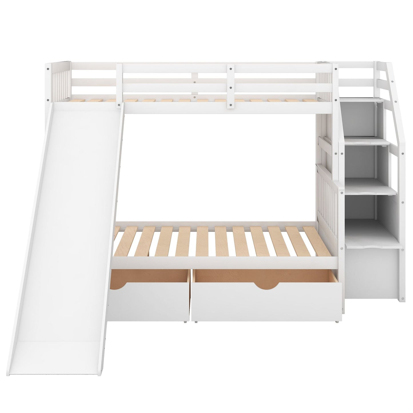 Multifunction Twin Over Full Wood Bunk Bed with Drawers and Slide, White | Just Better Bunk Beds