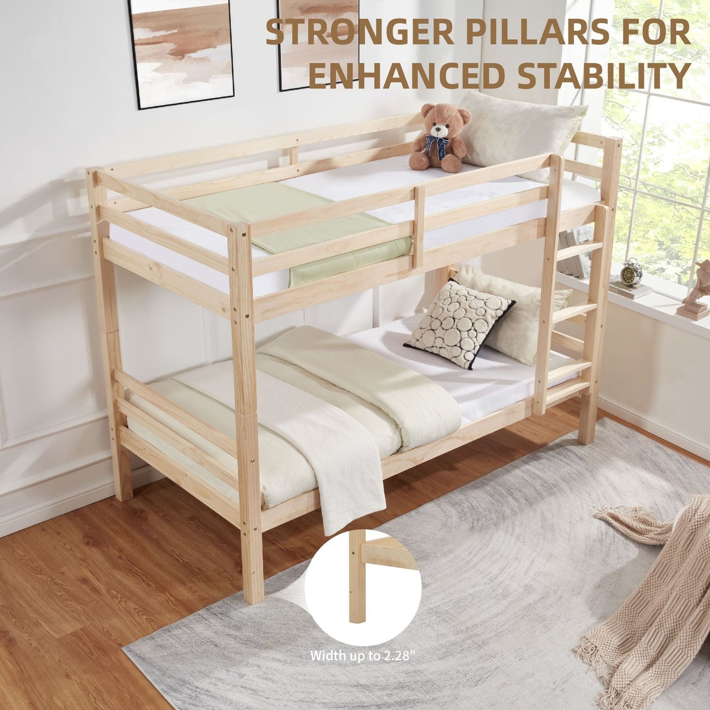 Heavy-Duty Twin Over Twin Wood Bunk Bed, Natural with Thick Posts, Ladder, and High Guardrail | Just Better Bunk Beds