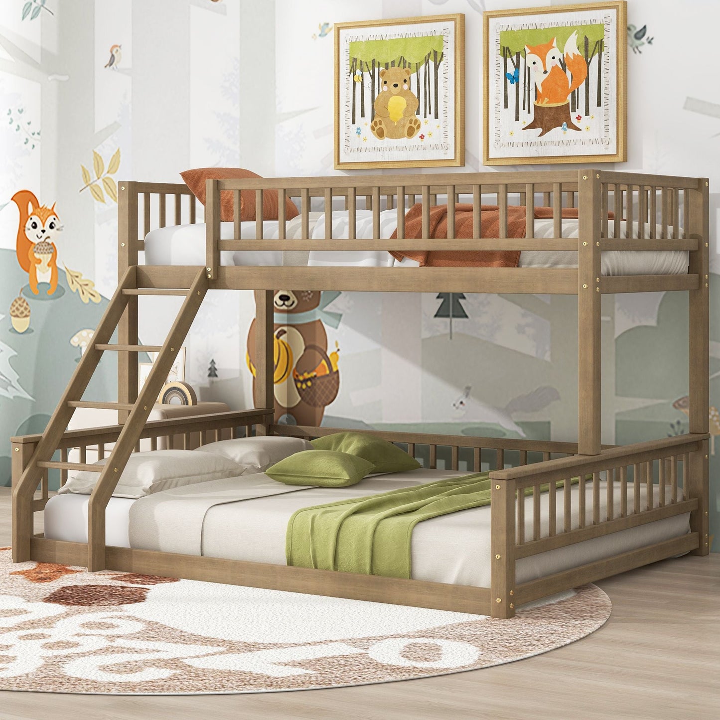 Shared Room Solution Twin XL Over Queen Wood Bunk Bed, Walnut | Just Better Bunk Beds