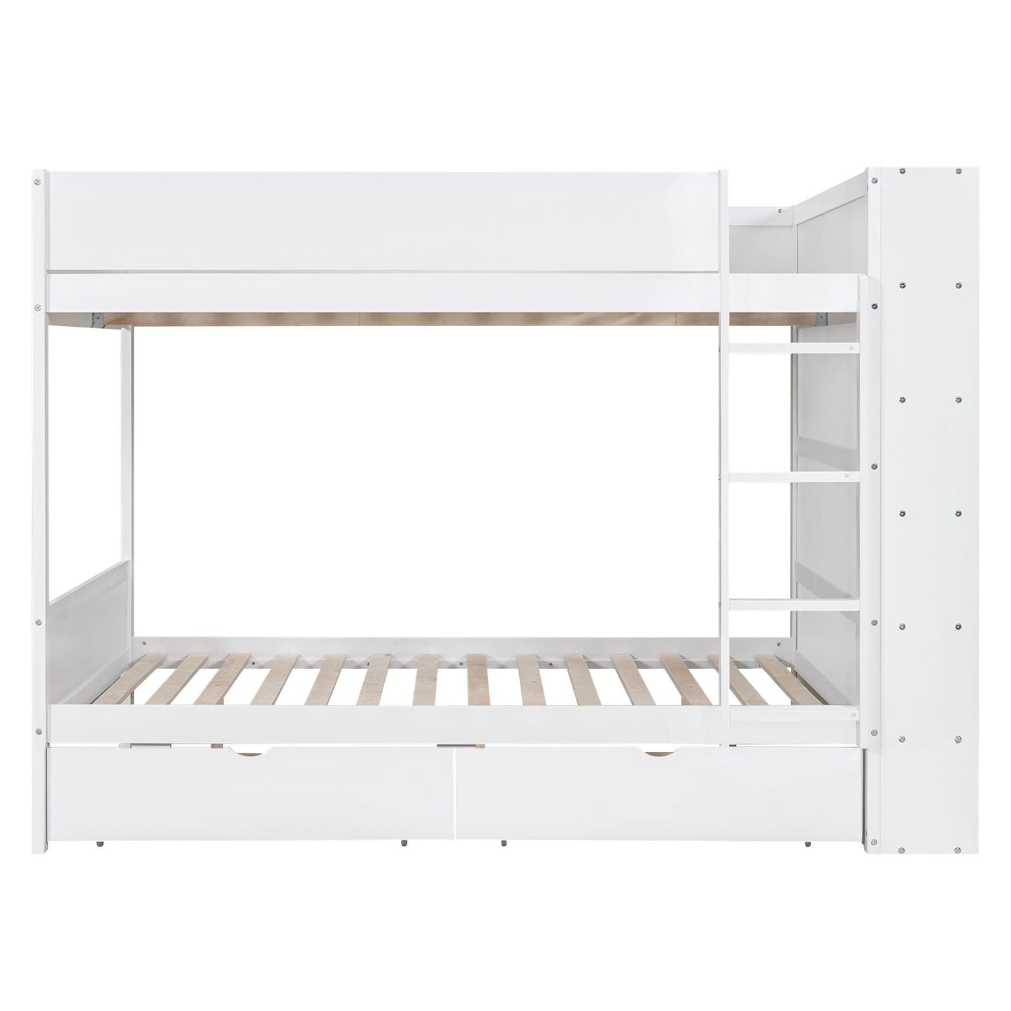 Organized Full Over Full Wood Bunk Bed with 2 Drawers and Multi-Layer Cabinet, White | Just Better Bunk Beds