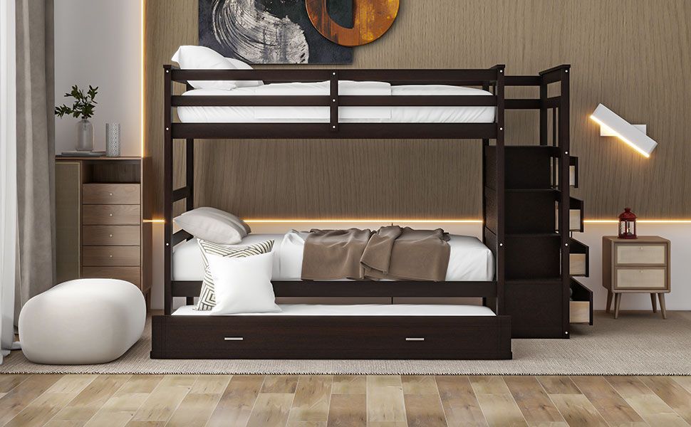 Shared Room Solution Twin Over Twin Wood Bunk Bed with Trundle and Staircase, Espresso | Just Better Bunk Beds