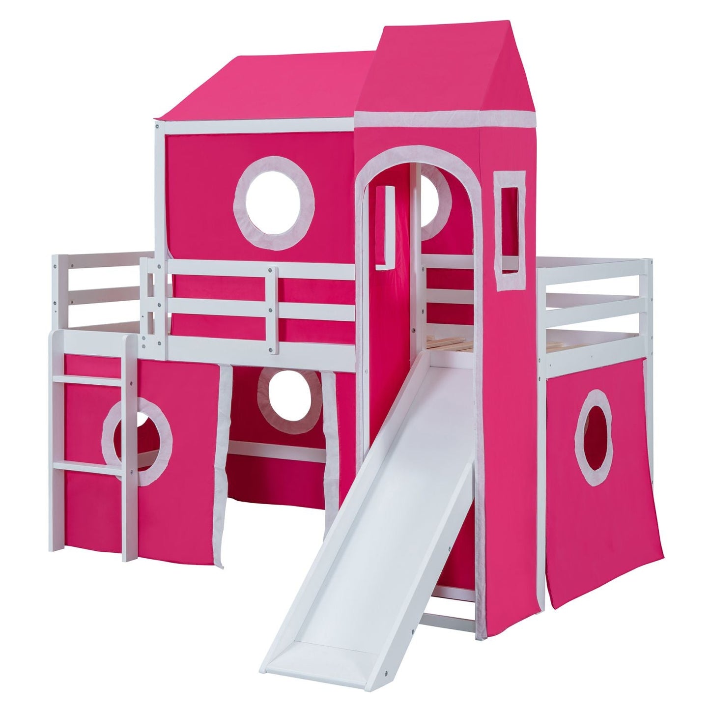 Kids Bedroom Twin Loft Bed with Slide, Pink Tent and Tower, Pink Wood | Just Better Bunk Beds