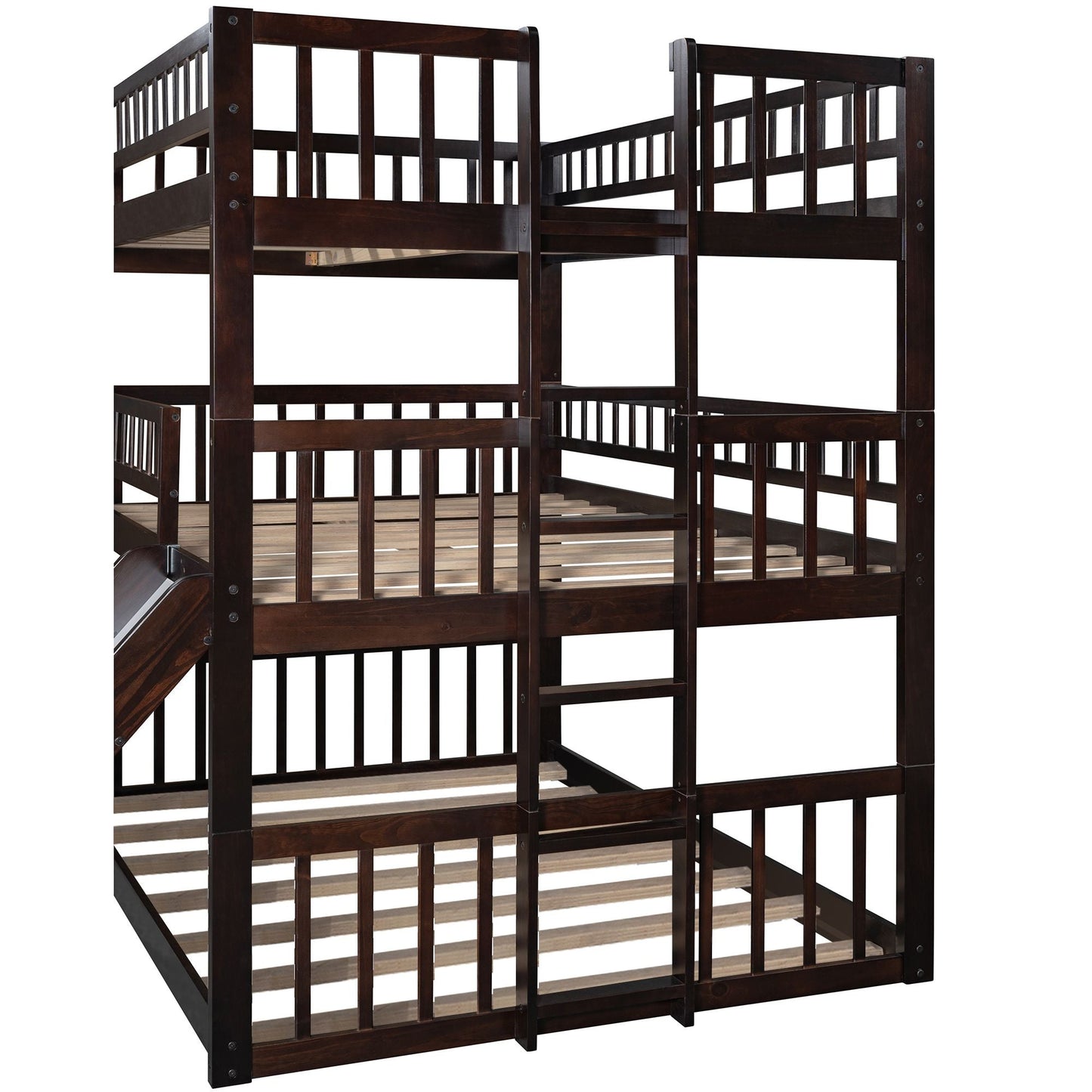 Shared Room Solution Full Over Full Over Full Wood Triple Bunk Bed with Ladder, Slide, Guardrails, Espresso | Just Better Bunk Beds