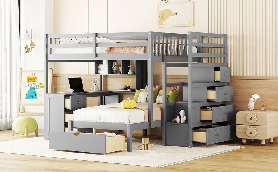 Shared Room Solution Full Over Twin Wood Bunk Bed with Desk, Drawers and Shelves, Gray | Just Better Bunk Beds