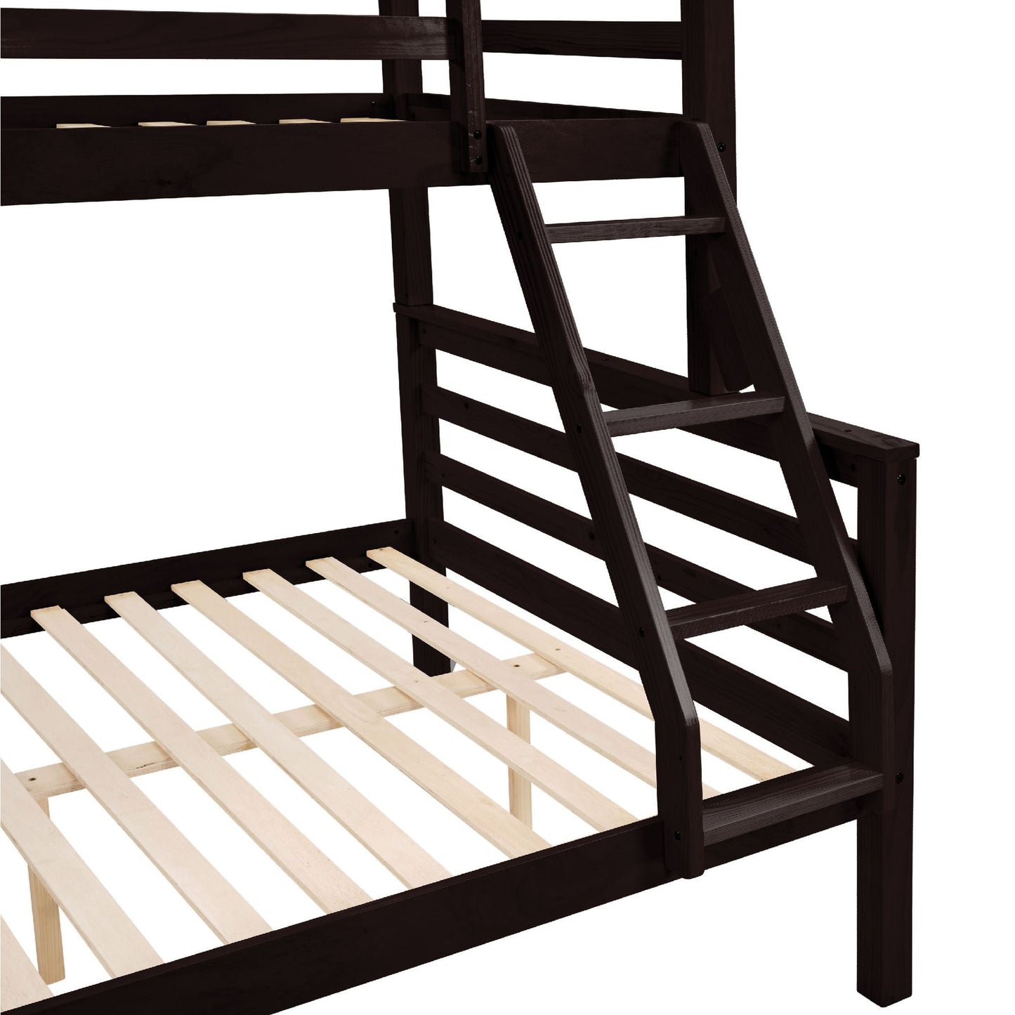 Durable Twin Over Full Wood Bunk Bed with Thick Posts, High Guardrail, Ladder, Espresso | Just Better Bunk Beds