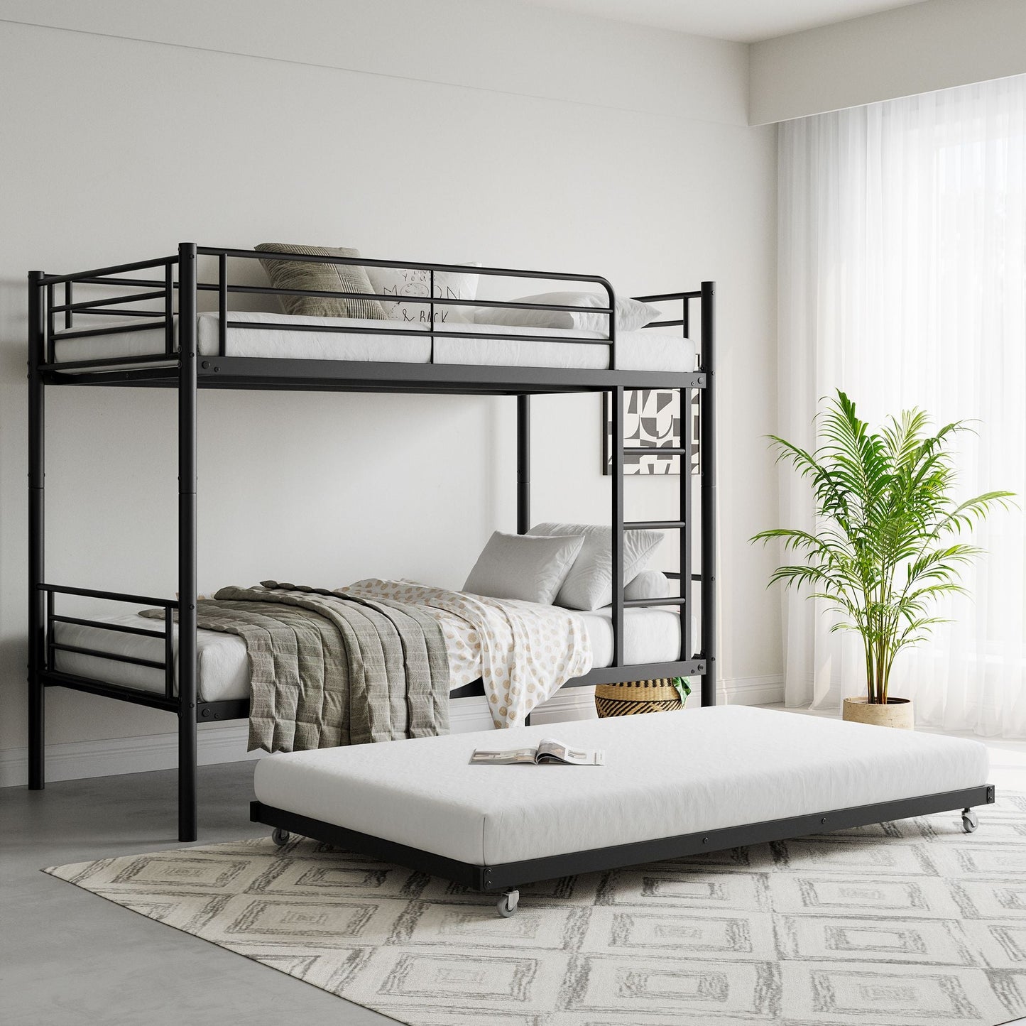 Space-Saving Twin Metal Bunk Bed with Trundle, Ladder, and Guardrail, Black | Just Better Bunk Beds