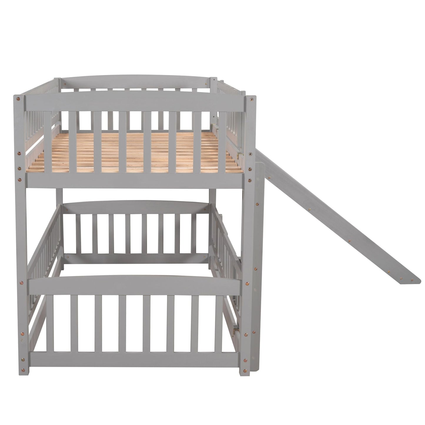 Kids Bedroom Twin Over Twin Wood Low Bunk Bed with Slide, Fence and Ladder, White | Just Better Bunk Beds