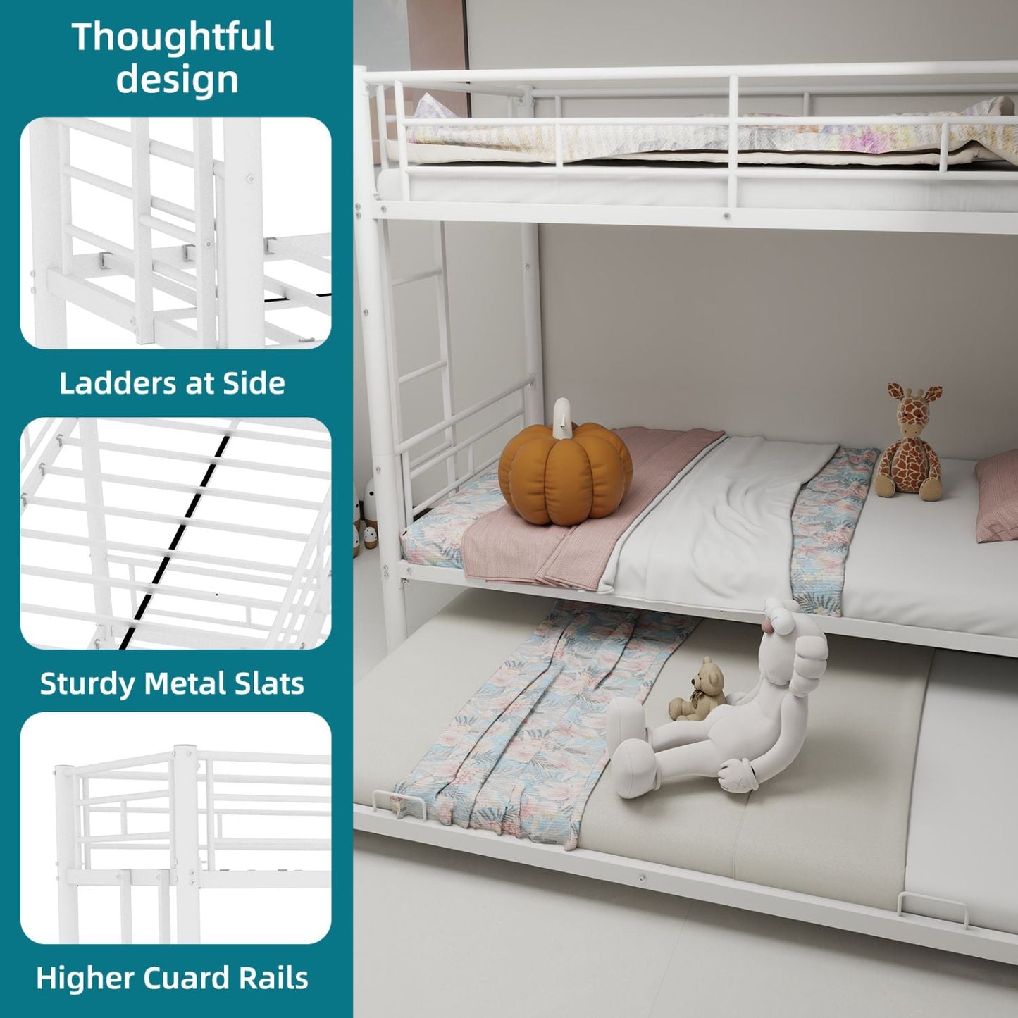 Heavy-duty Sturdy Meta Twin over Twin Bunk Bed/l/ Noise Reduced/ Safety Guardrail/No Box Spring Needed, White
