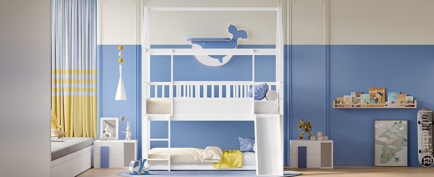 House-Style Twin Over Twin Wood Bunk Bed with Convertible Slide and Guardrail, White | Just Better Bunk Beds