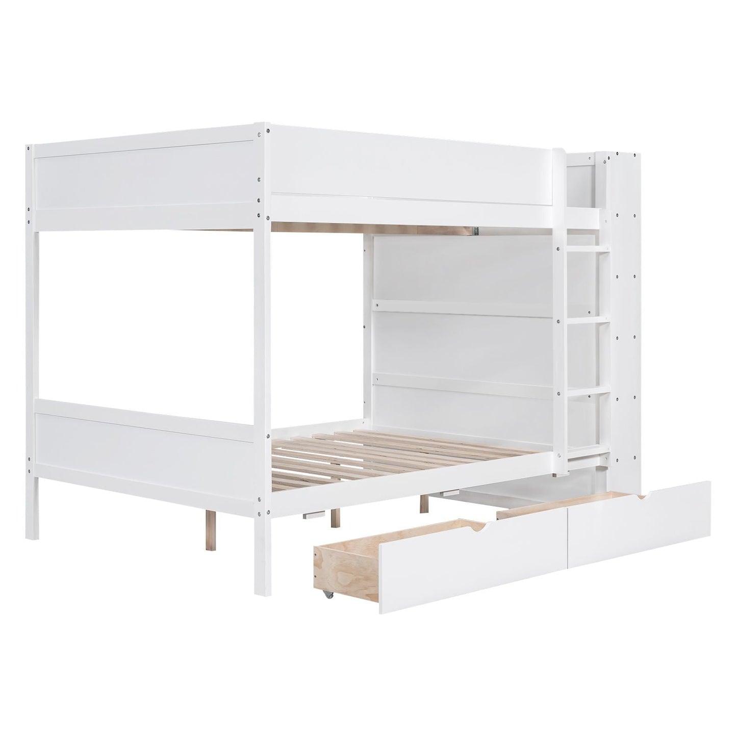 Organized Full Over Full Wood Bunk Bed with 2 Drawers and Multi-Layer Cabinet, White | Just Better Bunk Beds