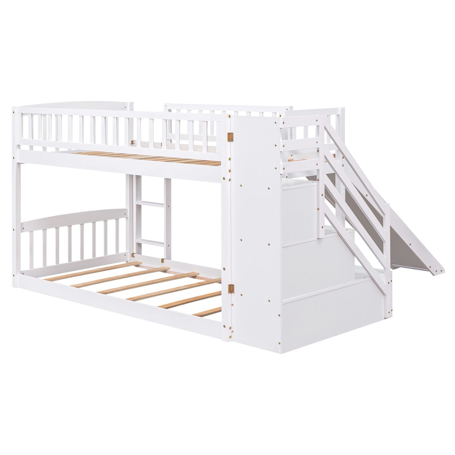Stairway Twin over Twin Bunk Bed with Two Drawers and Slide,  White