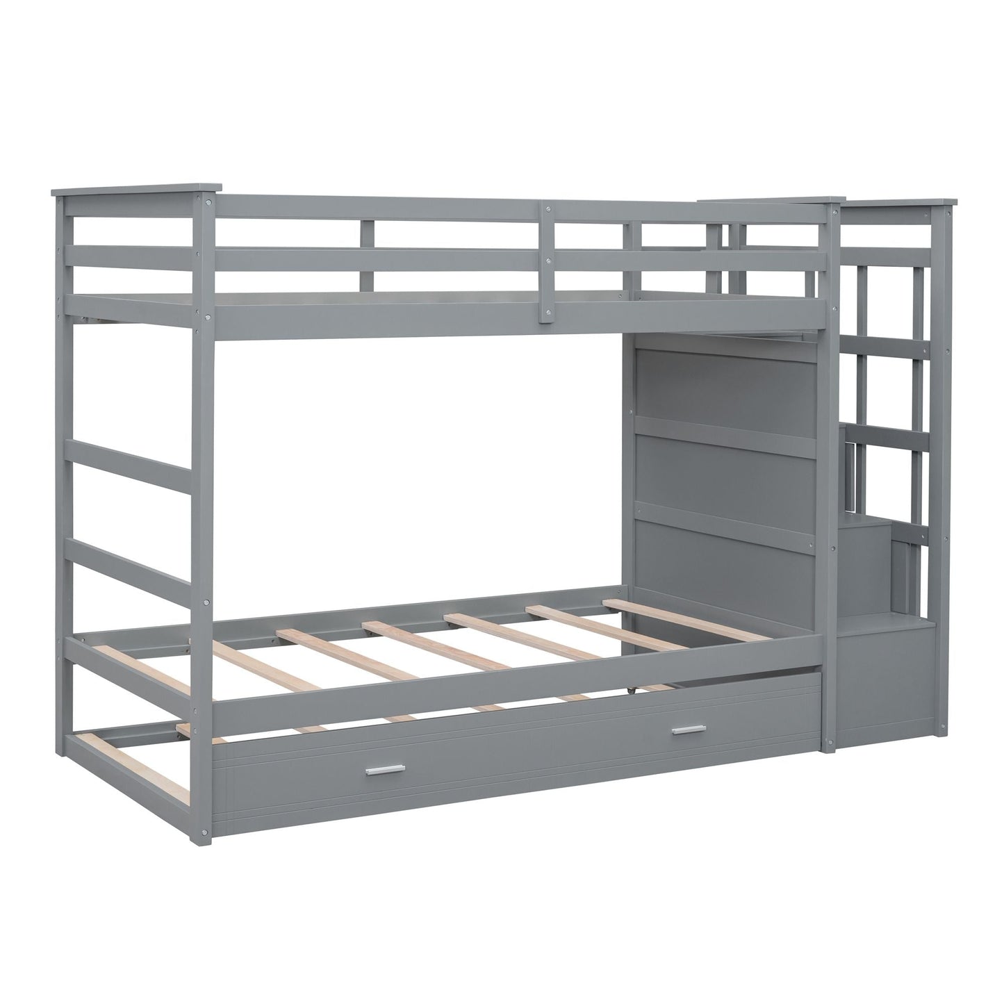 Staircase Storage Twin Over Twin Wood Bunk Bed with Trundle, Gray | Just Better Bunk Beds