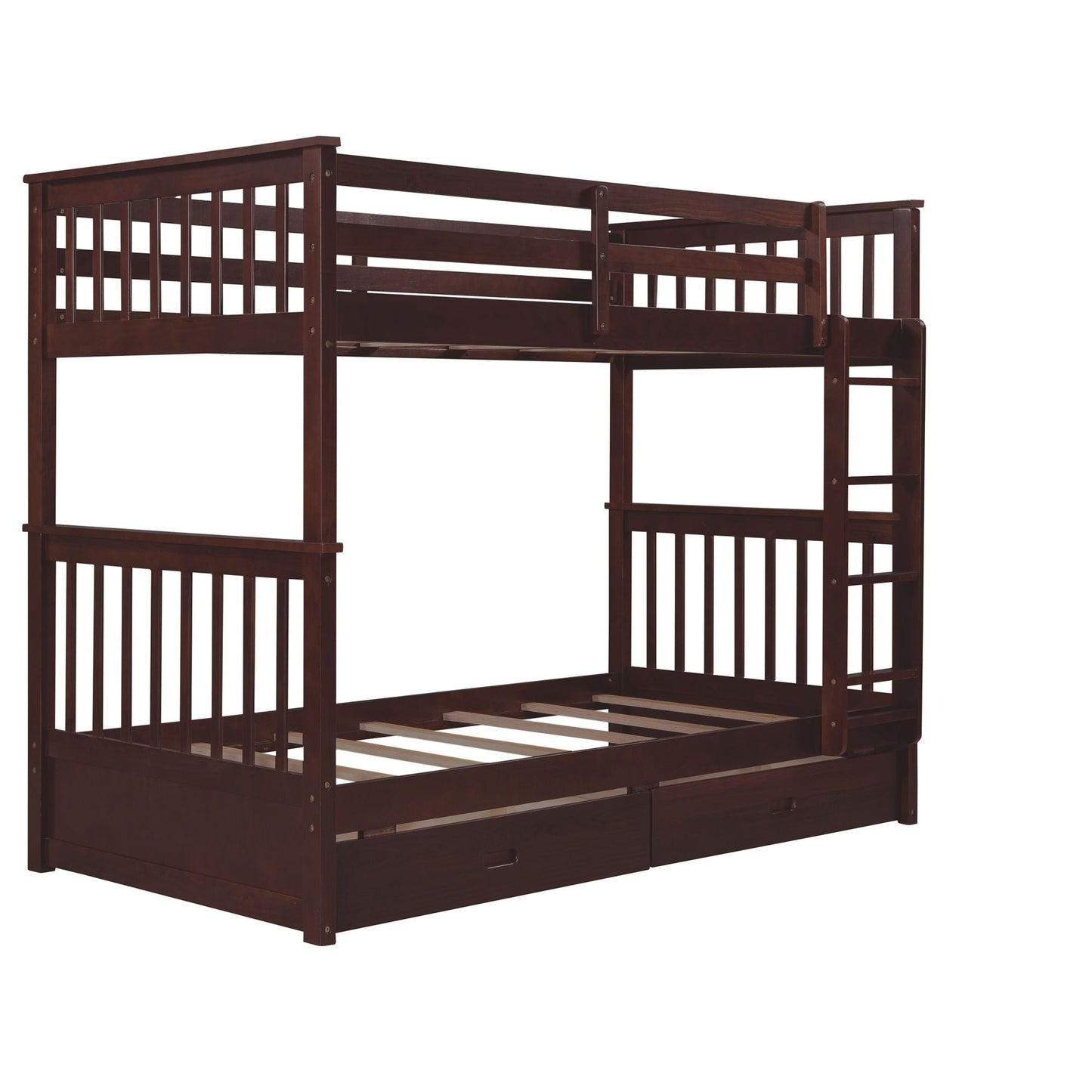 Storage Twin Over Twin Wood Bunk Bed with Ladders and Two Drawers, Espresso | Just Better Bunk Beds