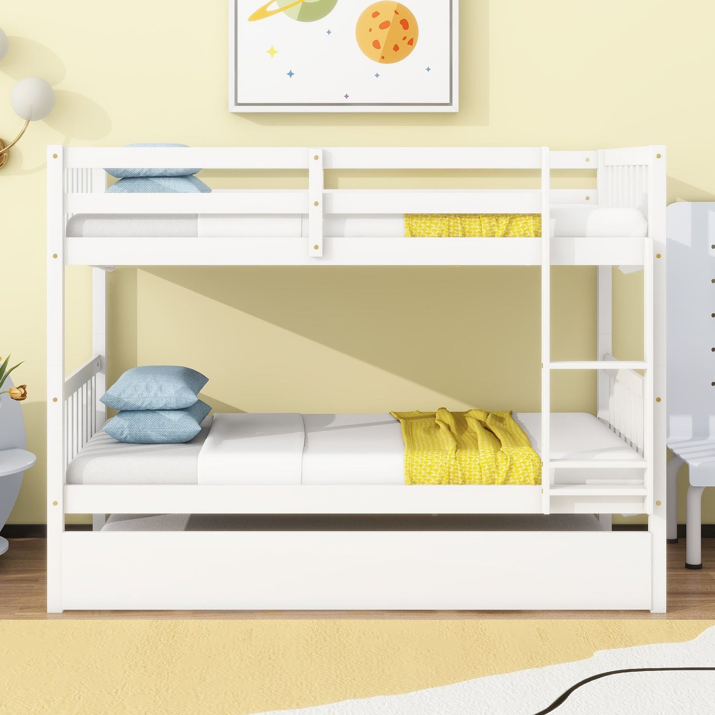 Convertible Twin Over Twin Rubber Wood Bunk Bed with Trundle, Ladder, Safety Guardrails, White | Just Better Bunk Beds