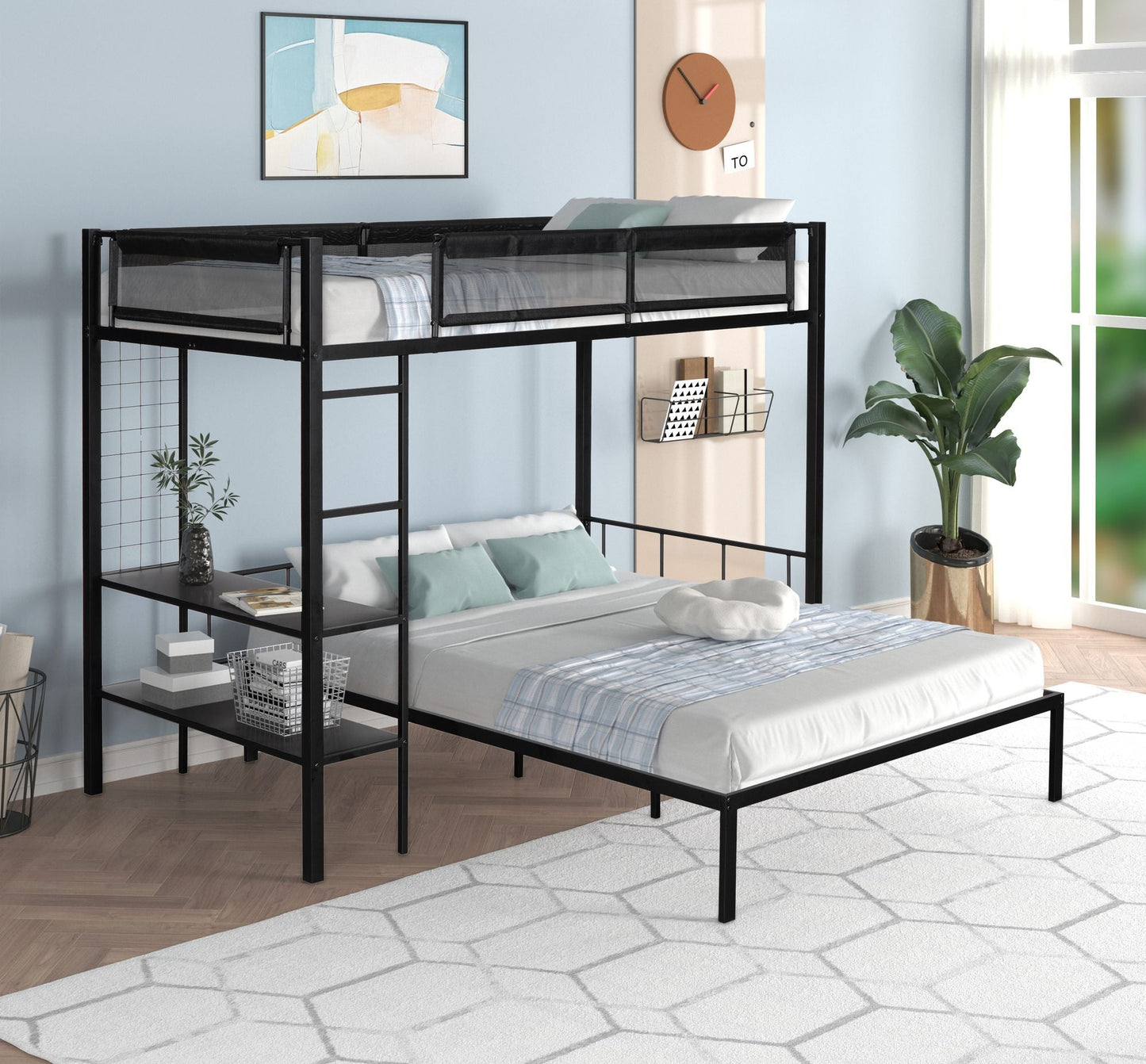Heavy-Duty Twin Over Full Metal and Wood Bunk Bed with Shelves, Grid Panel, and Noise-Free Wood Slats, Black | Just Better Bunk Beds