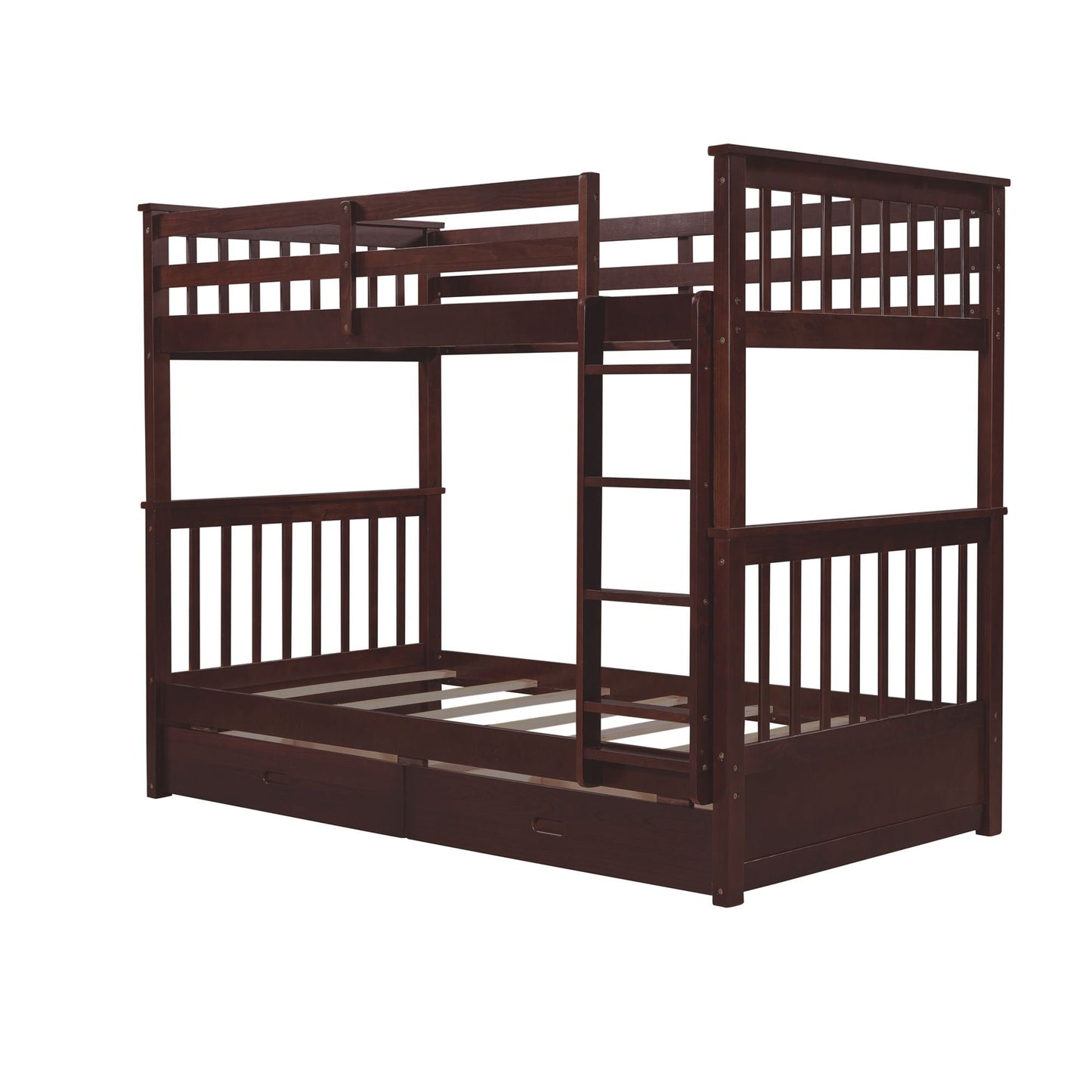 Storage-Enhanced Twin Over Twin Wood Bunk Bed with Ladders, Two Drawers, White | Just Better Bunk Beds