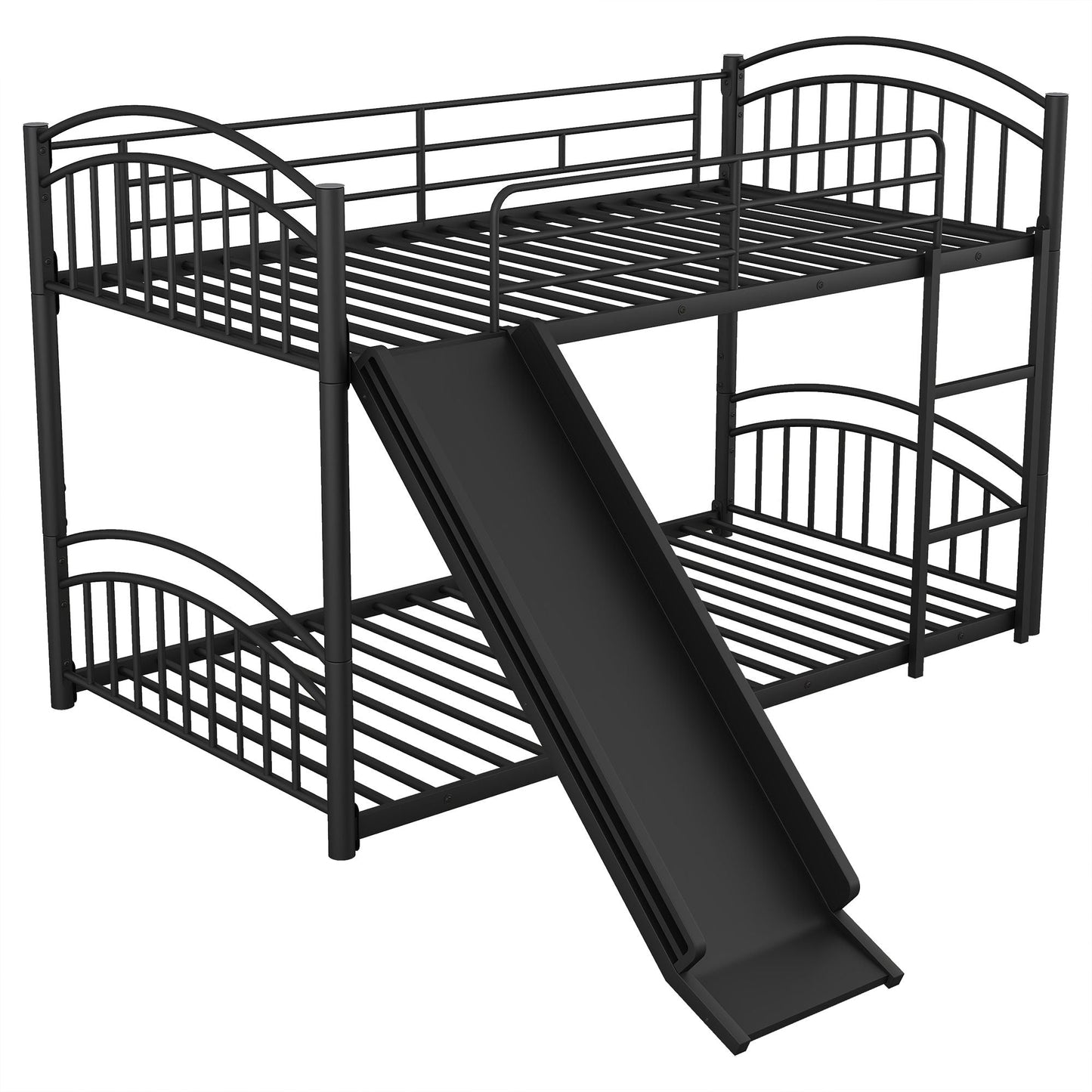 Kids Bedroom Twin Over Twin Metal Bunk Bed with Slide, Black | Just Better Bunk Beds