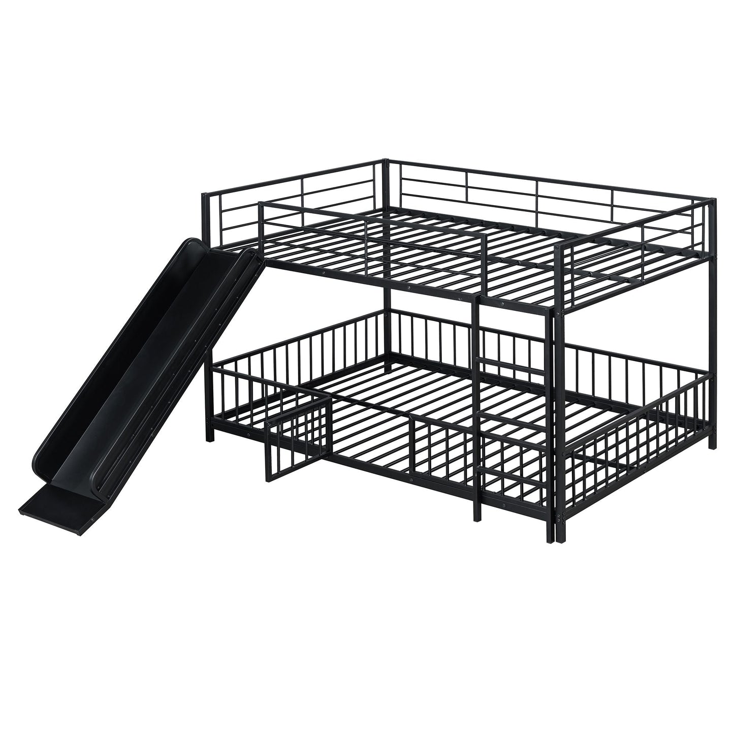 Full over Full Size Metal Bunk Bed with Slide and Guardrails,  Black