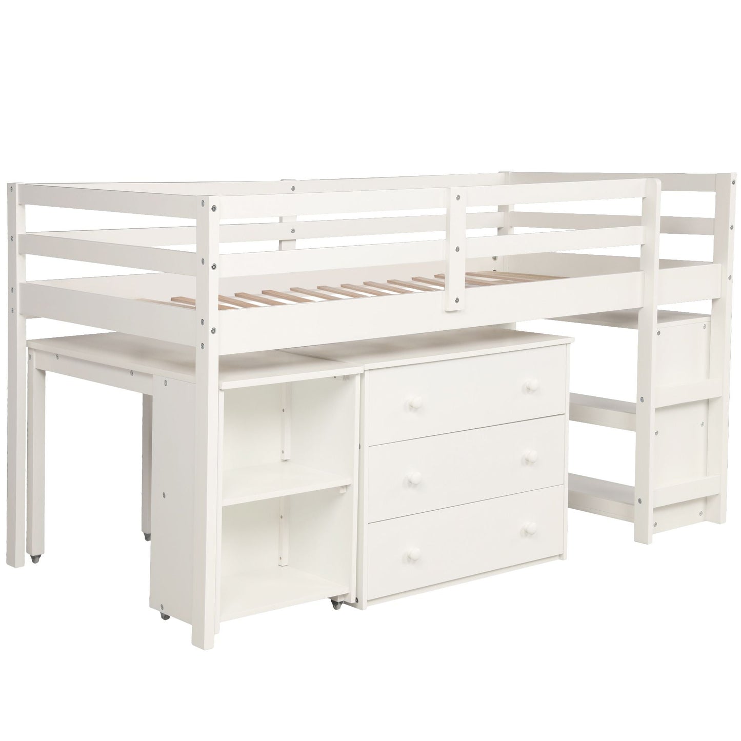 Kids Bedroom Twin Wood Loft Bed with Cabinet and Rolling Desk, White | Just Better Bunk Beds