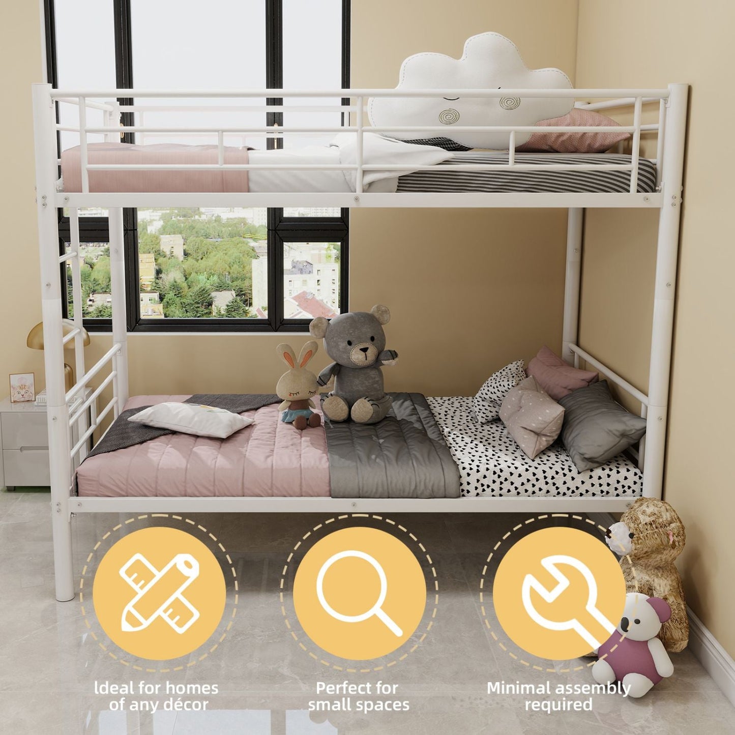 Convertible Twin Over Twin Metal Bunk Bed with Ladder and Guardrail, Metal | Just Better Bunk Beds