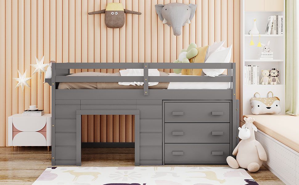 Kids Bedroom Twin Wood Loft Bed with Cabinet and Shelf, White | Just Better Bunk Beds