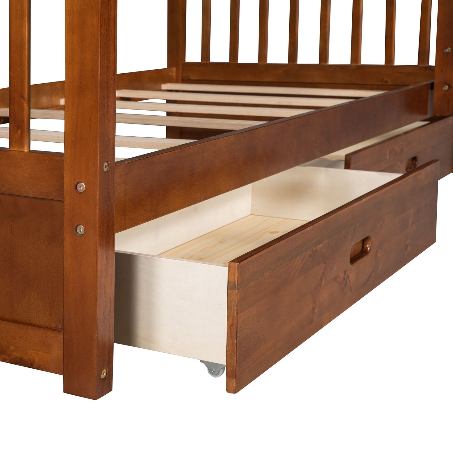 Organized Twin Over Twin Wood Bunk Bed with Ladders and Two Storage Drawers, Walnut | Just Better Bunk Beds