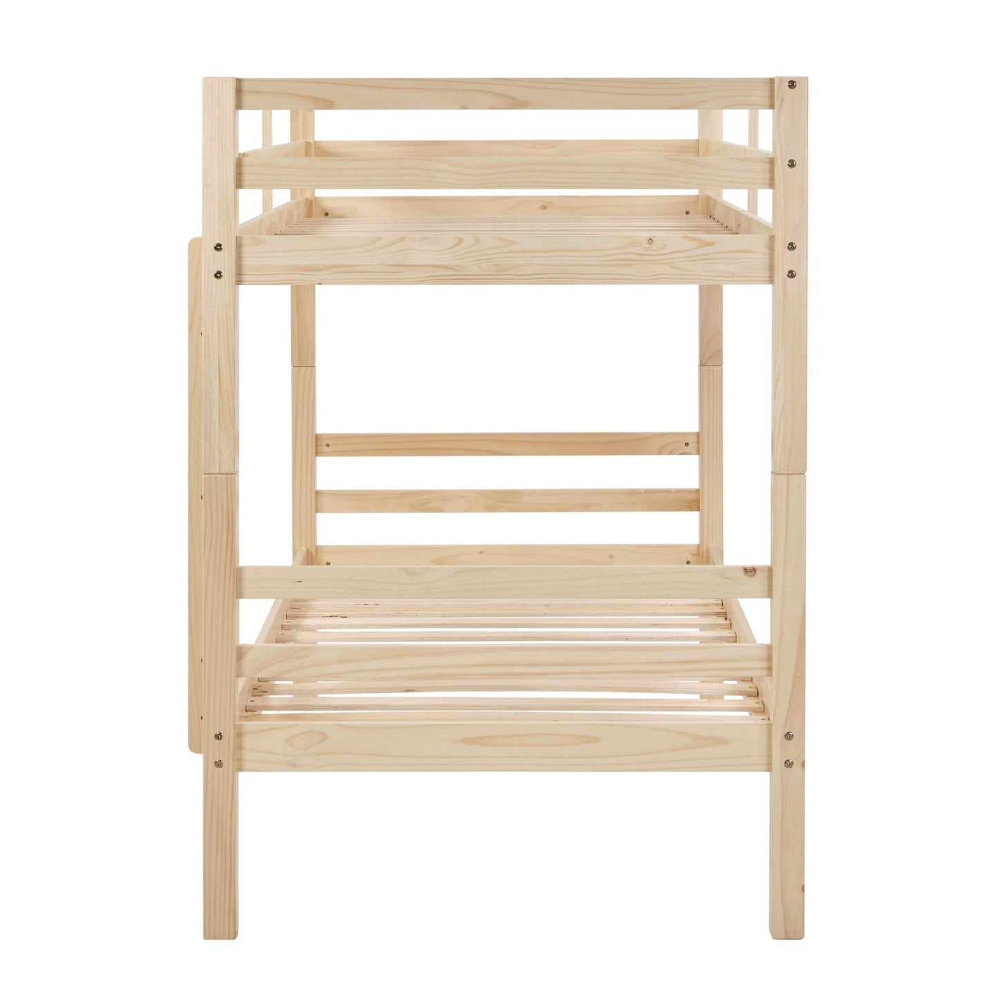 Heavy-Duty Twin Over Twin Wood Bunk Bed, Natural with Thick Posts, Ladder, and High Guardrail | Just Better Bunk Beds