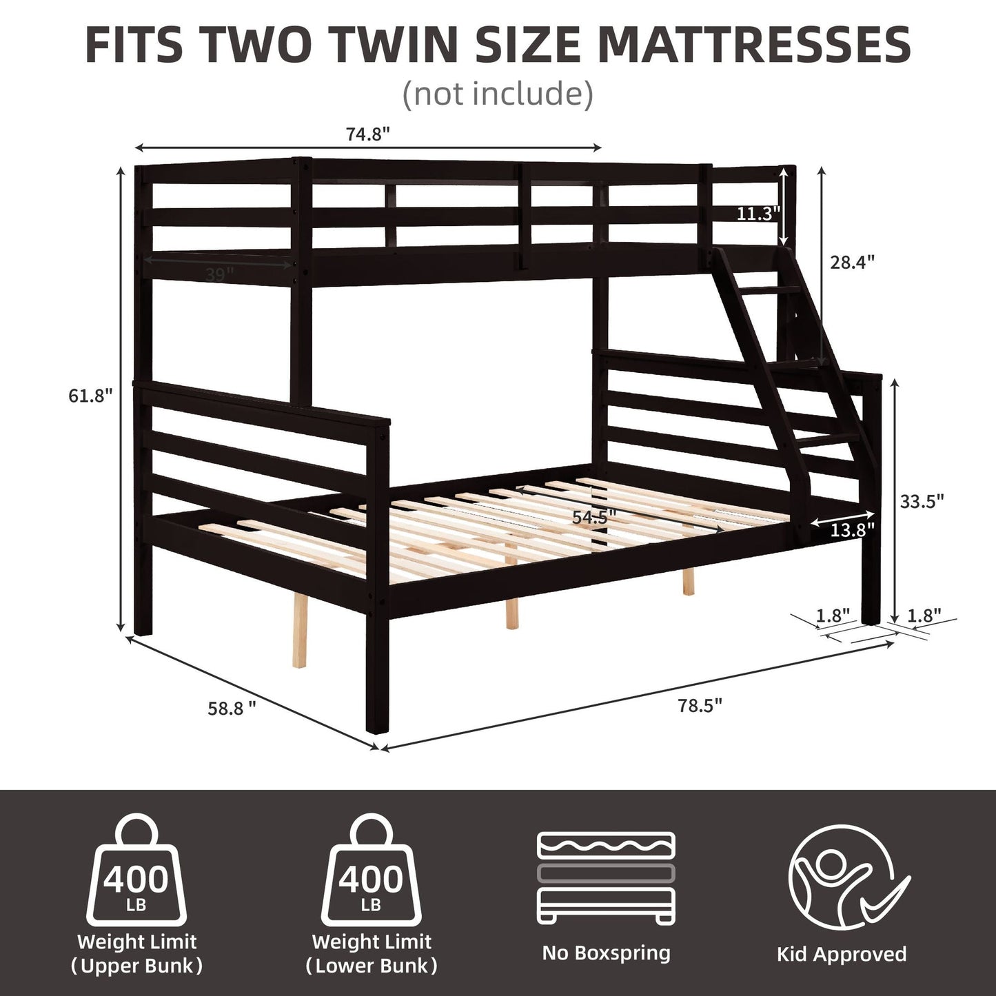 Dorm Room Twin Over Full Wood Bunk Bed with Ladder and Guardrail, Espresso | Just Better Bunk Beds