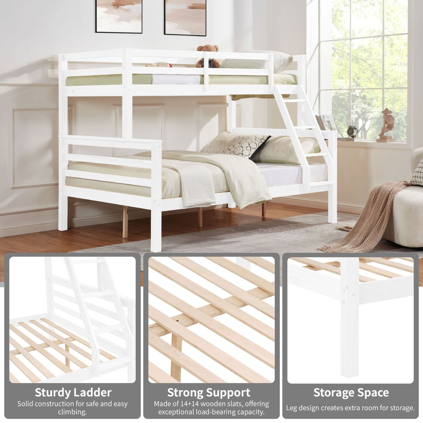 Kids Bedroom Twin Over Full Wood Bunk Bed with Thick Posts, High Guardrail, Ladder, White | Just Better Bunk Beds