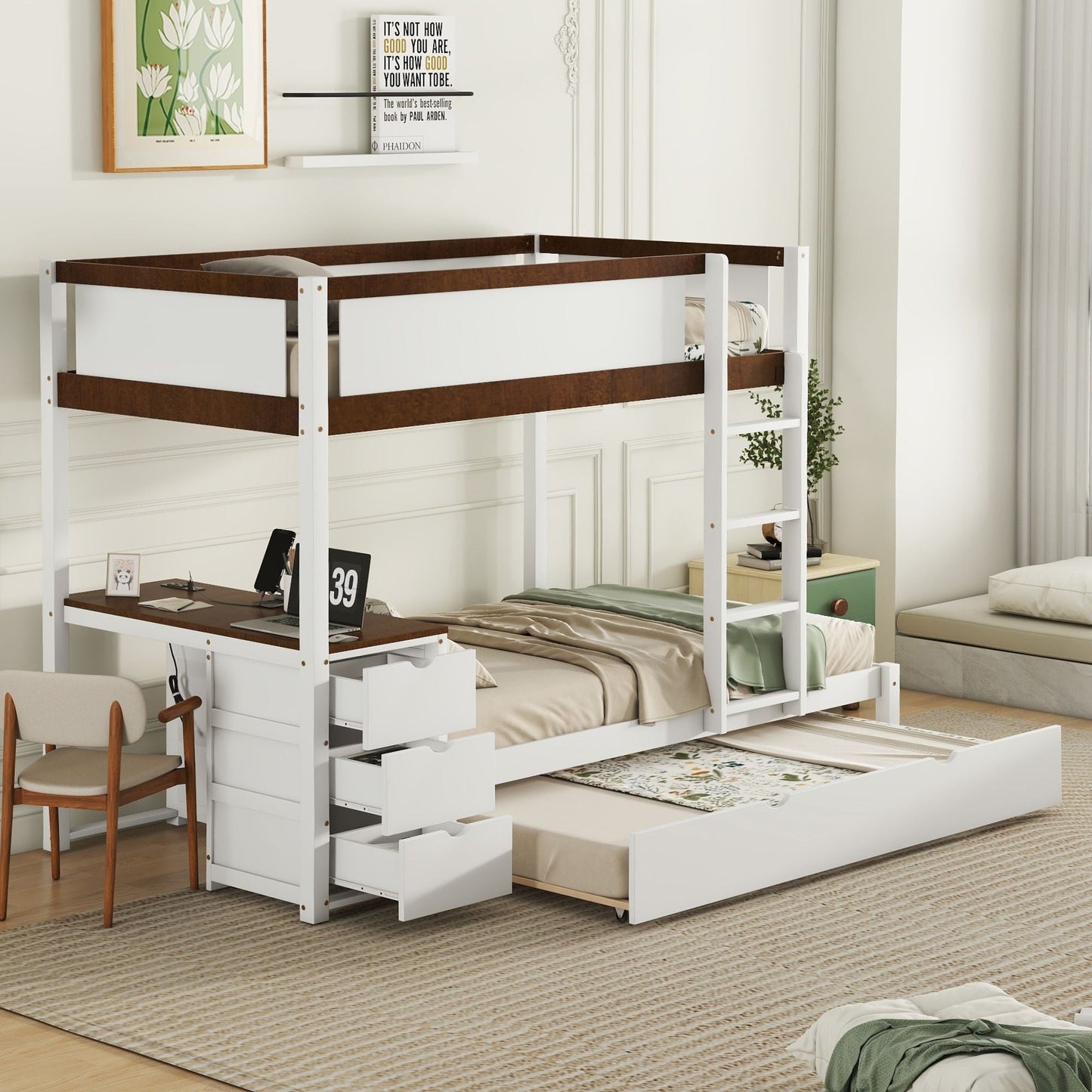 Multi-Functional Twin Over Twin Wood Bunk Bed with Trundle, Storage and Desk, White Walnut | Just Better Bunk Beds