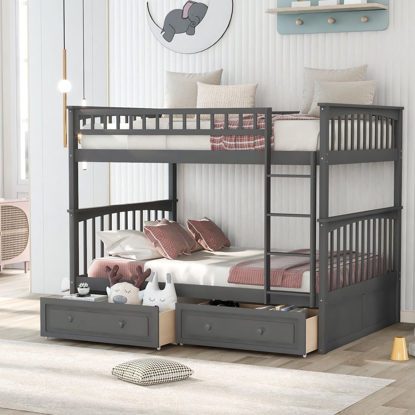 Convertible Full Over Full Wood Bunk Bed with Drawers, Gray | Just Better Bunk Beds