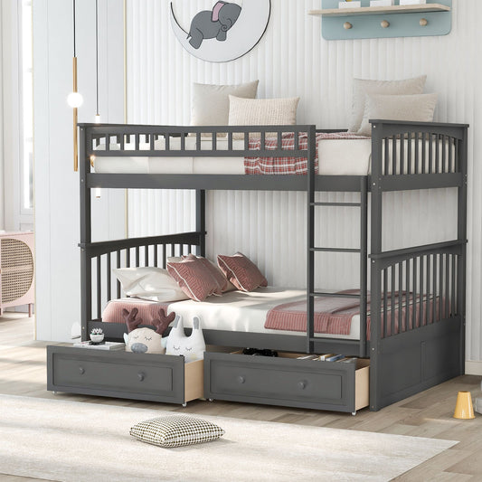 Convertible Full Over Full Wood Bunk Bed with Drawers, Gray | Just Better Bunk Beds