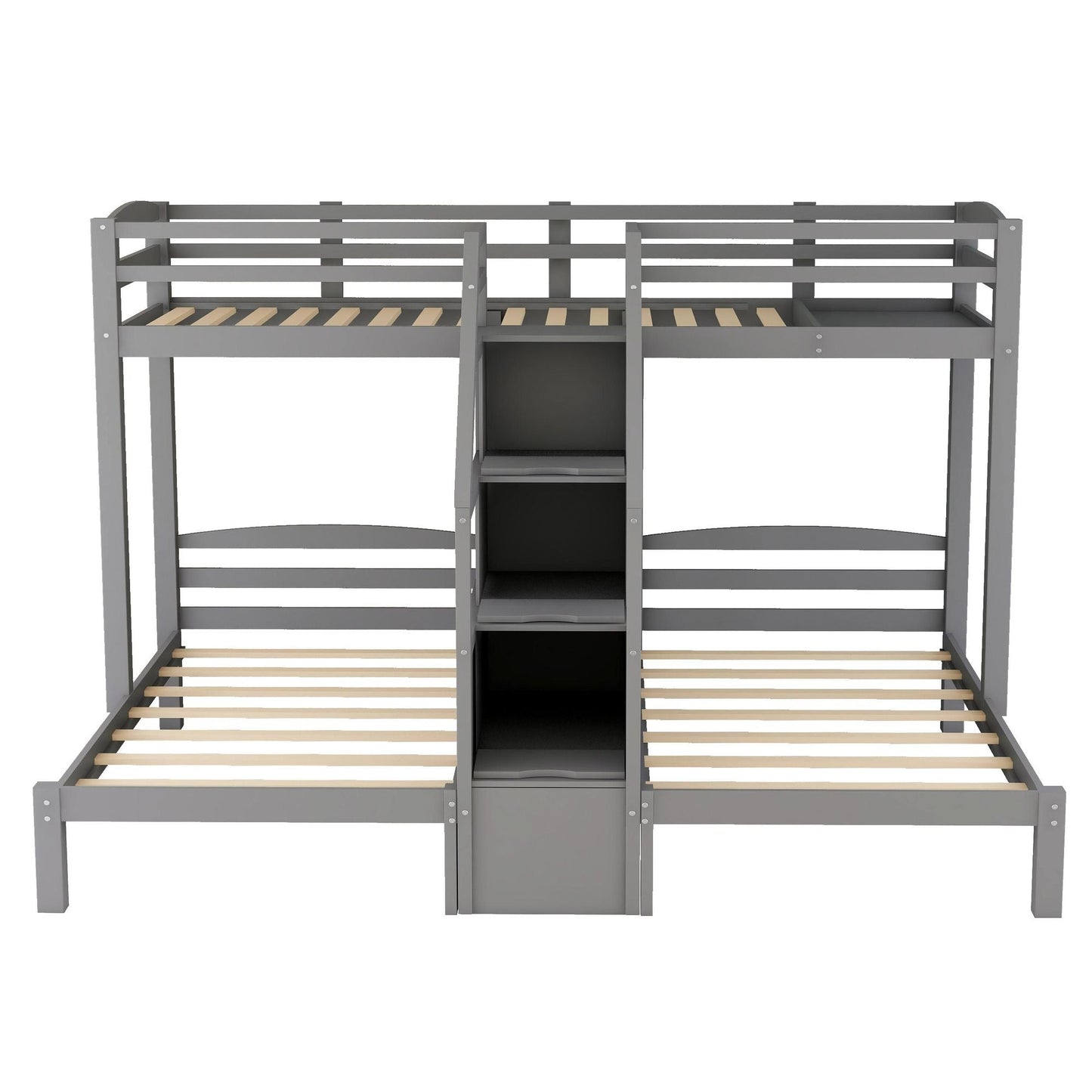 Built-In Staircase Twin Over Twin Over Twin Wood Bunk Bed, Gray with Storage Drawer | Just Better Bunk Beds