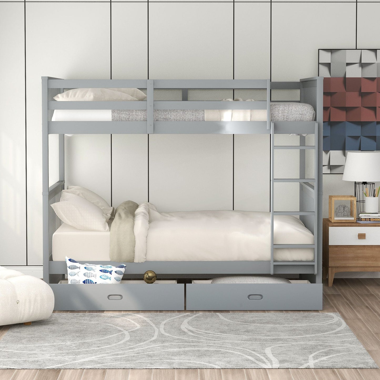 Storage-Enhanced Twin Over Twin Wood Bunk Bed with Ladders, Two Drawers, White | Just Better Bunk Beds
