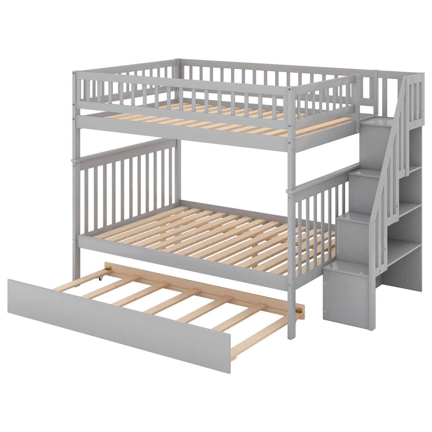 Staircase Storage Full Over Full Wood Bunk Bed with Trundle, Gray | Just Better Bunk Beds