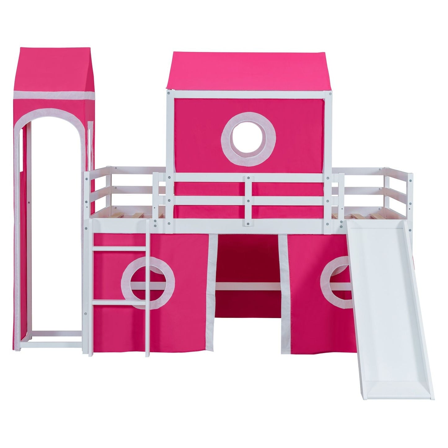 Kids Bedroom Twin Loft Bed with Slide, Pink Tent and Tower, Pink Wood | Just Better Bunk Beds