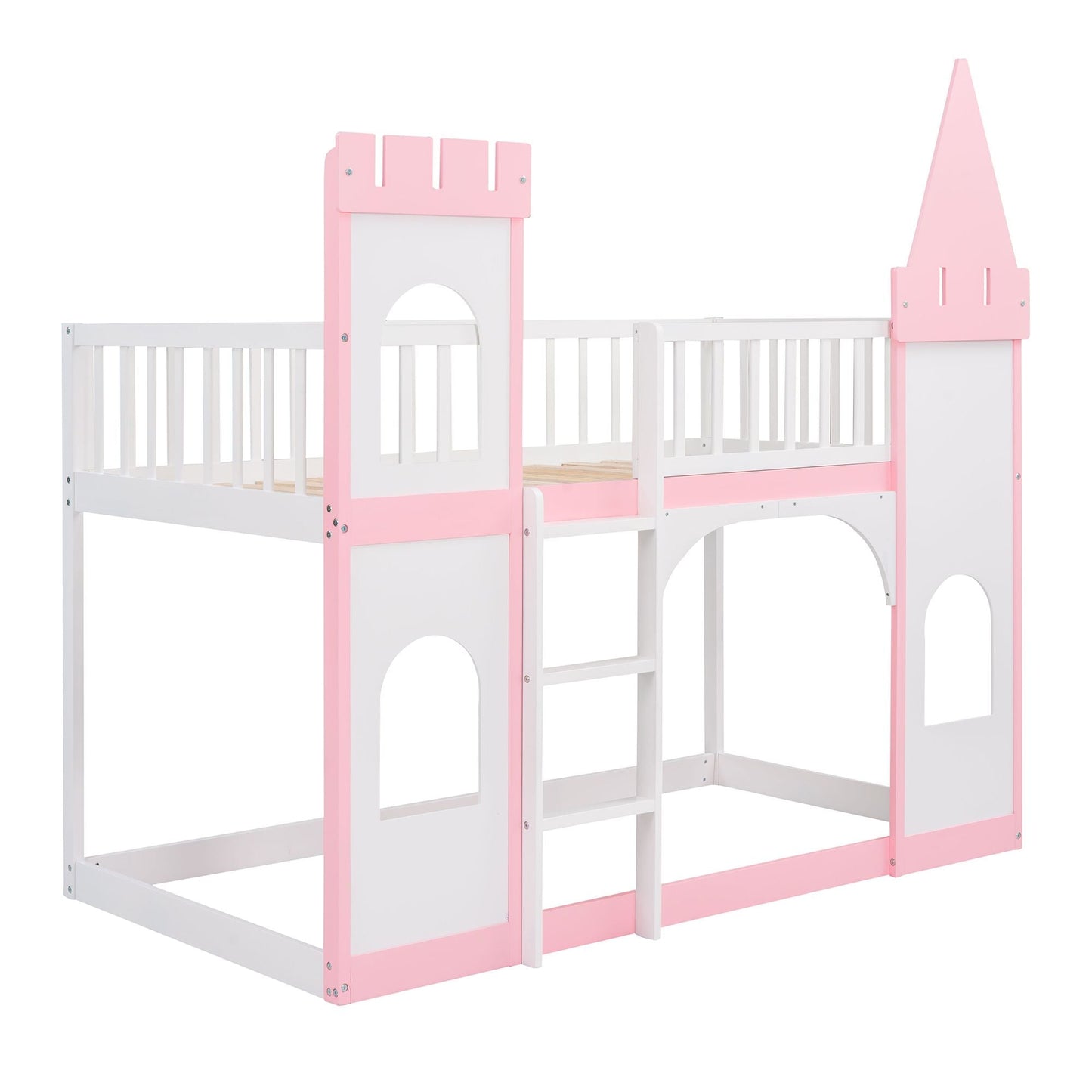 House-Style Twin Over Twin Wood Castle Bunk Bed with Ladder, Pink | Just Better Bunk Beds