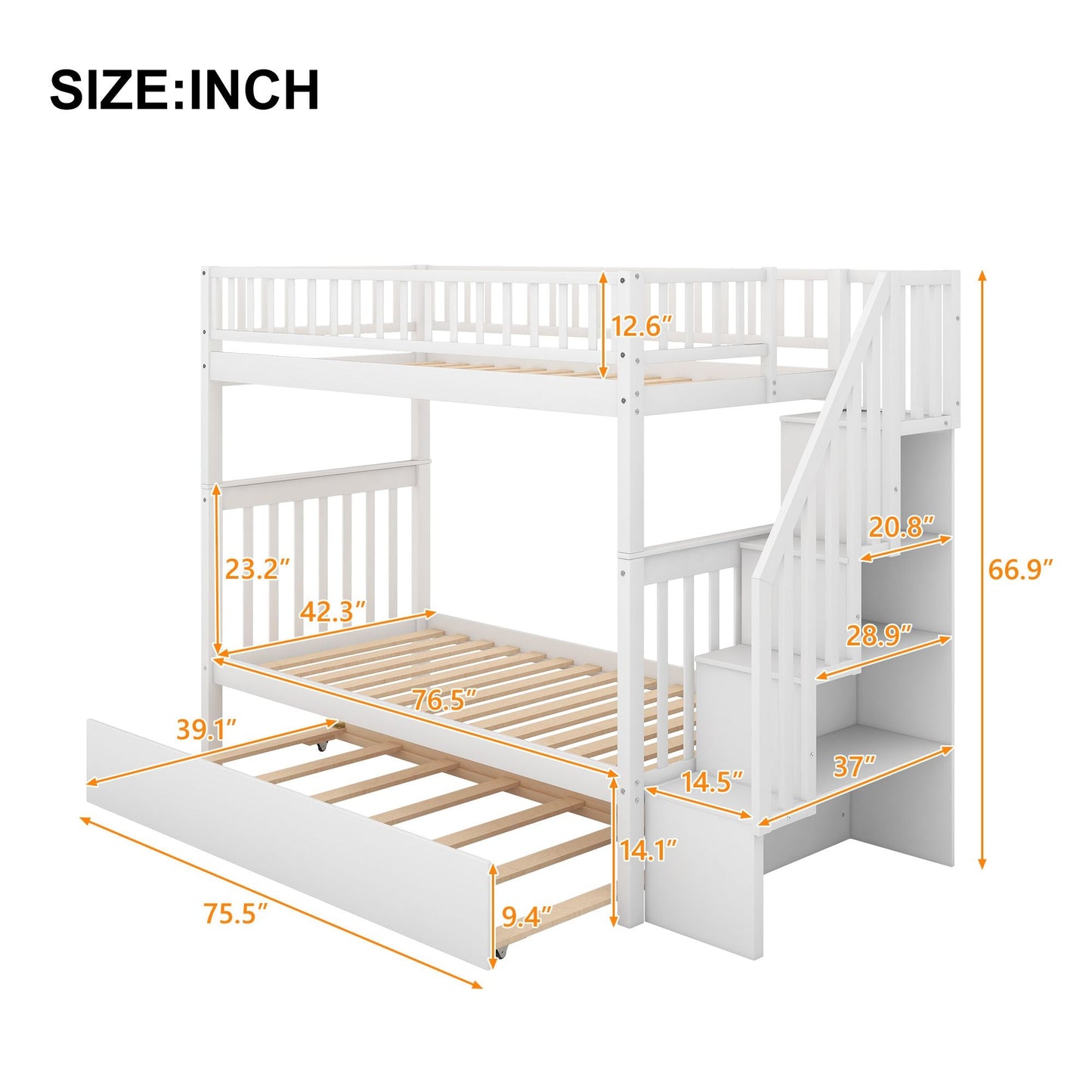 Twin over Twin Bunk Bed with Trundle and Storage