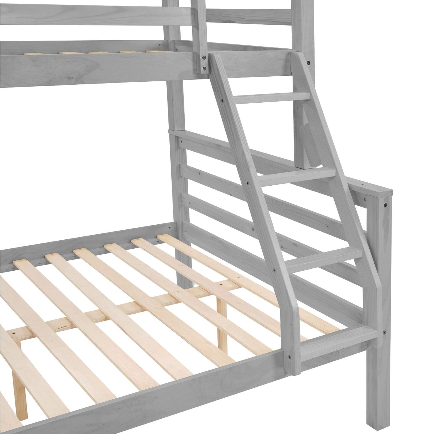 Durable Twin Over Full Wood Bunk Bed with Thick Posts, High Guardrail, Ladder, Gray | Just Better Bunk Beds