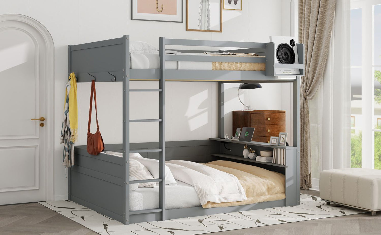 Kids Bedroom Queen Wood Bunk Bed with Built-in Shelves, Storage Box, LED Light, USB Charging, Gray | Just Better Bunk Beds