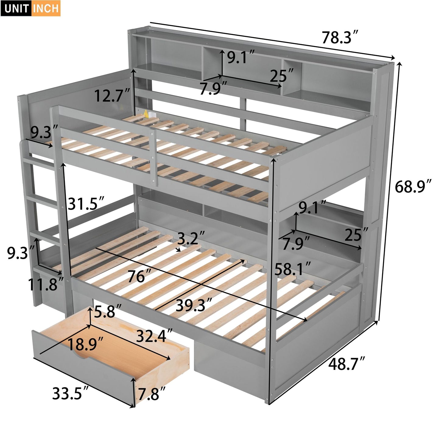 Shared Room Solution Twin Wood Bunk Bed with Built-In Shelves and Storage, White | Just Better Bunk Beds