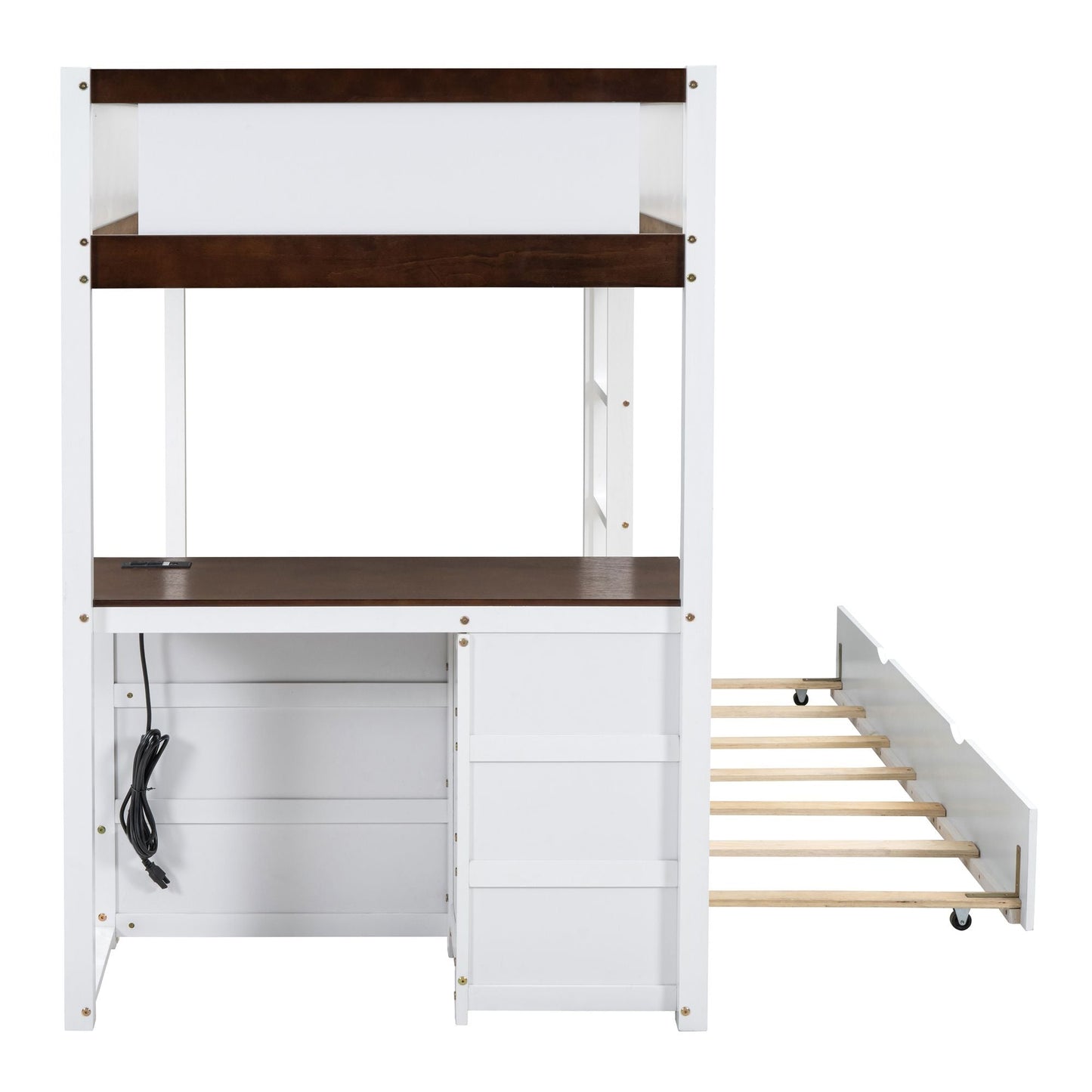 Multi-Functional Twin Over Twin Wood Bunk Bed with Trundle, Storage and Desk, White Walnut | Just Better Bunk Beds