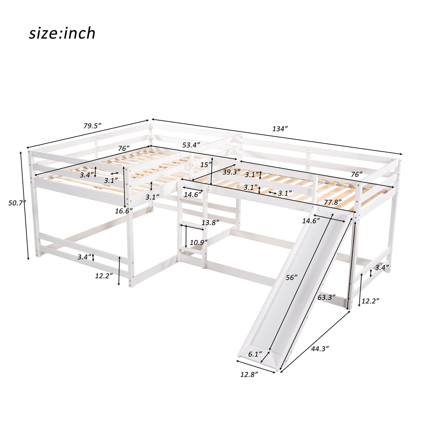 Full and Twin Size L-Shaped Bunk Bed with Slide and Short Ladde